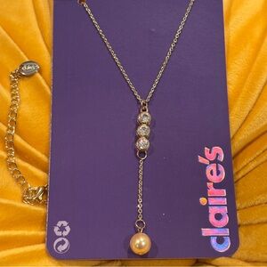 Claire's Cubic Zirconia Drop Necklace with Gold and Pearl Accent